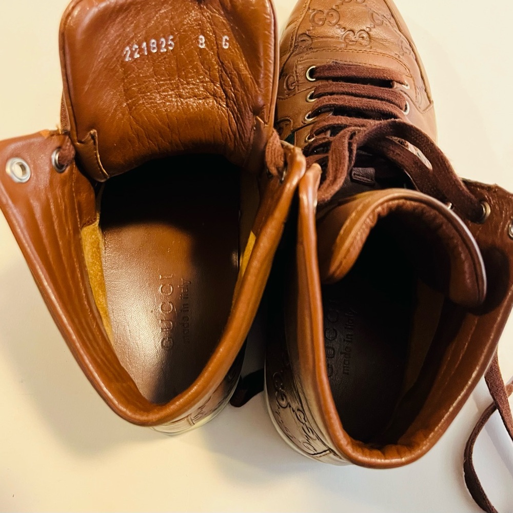Gucci Guccissima Brown Leather High Top Men’s Signature Sneakers Size 8 G - Picture 9 of 9